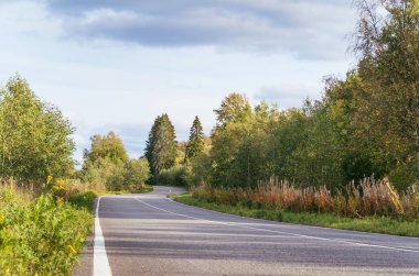 Eylül yeşili ile çevrili dar bir asfalt yol