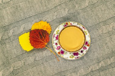 Güzel sonbahar yaprakları ve gri bir battaniye üzerinde bir fincan kahve