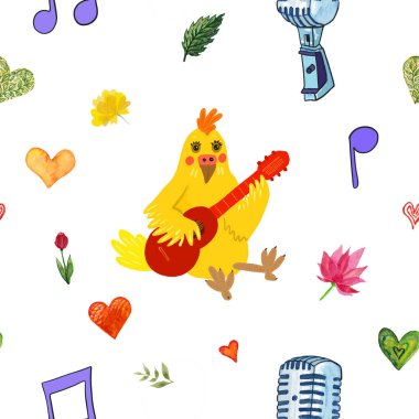 Kırmızı gitarı, beyaz arka planda kalpleri ve çiçekleri olan, pürüzsüz desenli sarı bir horoz.