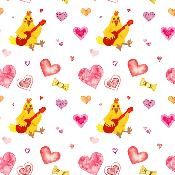 Cock Playing Guitar Hearts White Background Isolated Seamless Pattern Valentine — Stock Photo, Image