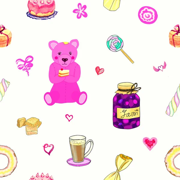 Een Schattige Roze Teddybeer Met Een Taart Omringd Door Zoete — Stockfoto