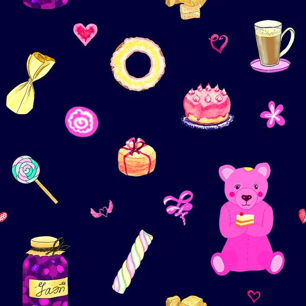 Cute Pink Bear Sweet Things Seamless Pattern Design — Stock Photo, Image