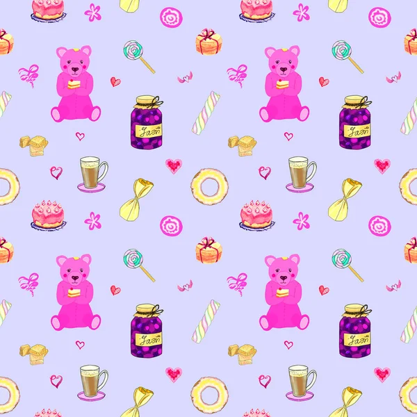 Seamless Pattern Bright Pink Bear Jar Jam Coffee Donut Sweets — Stock Photo, Image