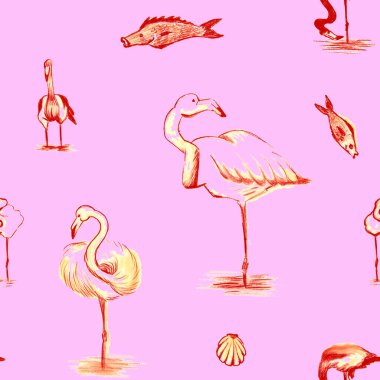 Pembe flamingo, pembe arka planda farklı konumlarda, pürüzsüz bir desen içinde.