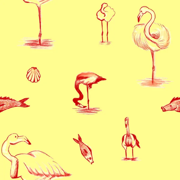 Red Pencil Flamingo Sketches Yellow Background Seamless Pattern — Stock Photo, Image