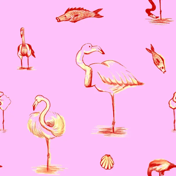 Rosafarbener Flamingo Verschiedenen Positionen Auf Rosa Hintergrund Einem Nahtlosen Muster — Stockfoto