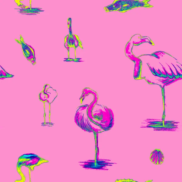 Neon Rainbow Colors Flamingo Sketched Pink Background Seamless Pattern Design — Stock Photo, Image