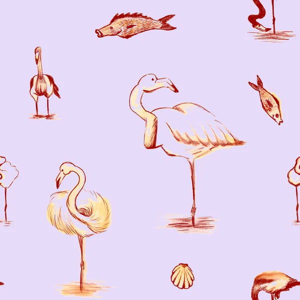 Hand Drawn Red Yellow Flamingo Grey Background Seamless Repeating Pattern — Stock Photo, Image