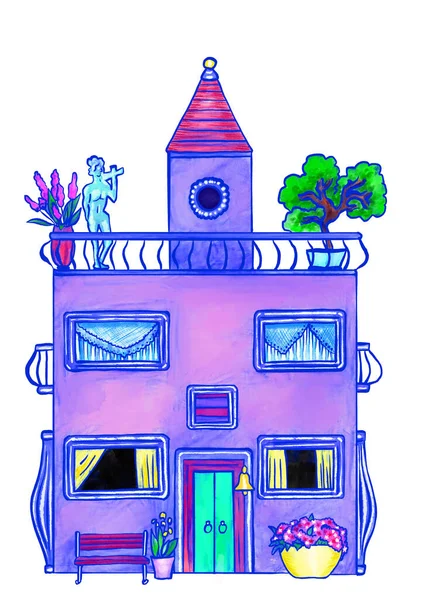 Egy Aranyos Ház Két Üzlet Egy Torony Tető Tetején Egy — Stock Fotó