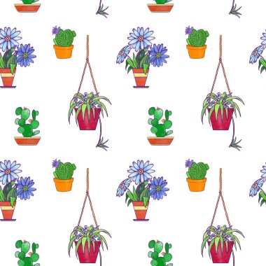 El çizimi saksılar ve çiçekler beyaz arka planda tekrarlanan desenler halinde.