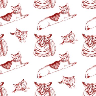 Kırmızı mürekkep çizgileri beyaz arka planda sevimli kedilerle kusursuz bir desen oluşturuyor.