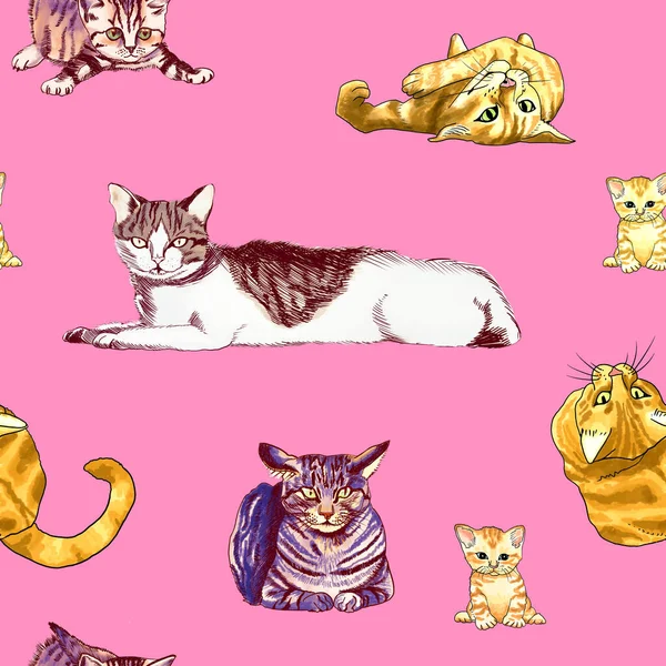 Cute cats on pink background in a seamless pattern for design.