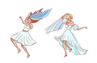 Geleneksel beyaz elbiseler giyip düğün partisinde çılgınca dans eden gelinler.