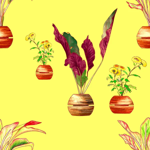 Bitkileri Sarı Arka Planda Pürüzsüz Bir Desende Renkli Kalemlerle Çizilmiş — Stok fotoğraf