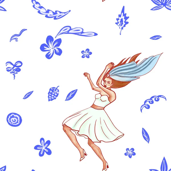 Eine Tanzende Braut Und Blaue Kritzeleien Einem Nahtlosen Muster Auf — Stockfoto