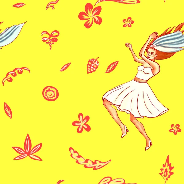 A funny bride dancing wildly in a seamless pattern on yellow background with flower doodles