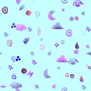 Mavi arka planda, suluboya ile çizilmiş şirin, pürüzsüz bir gökyüzü deseni.