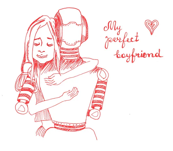Romantic Relationship Human Girl Robot Hand Drawn Red Ink White — Stock Photo, Image