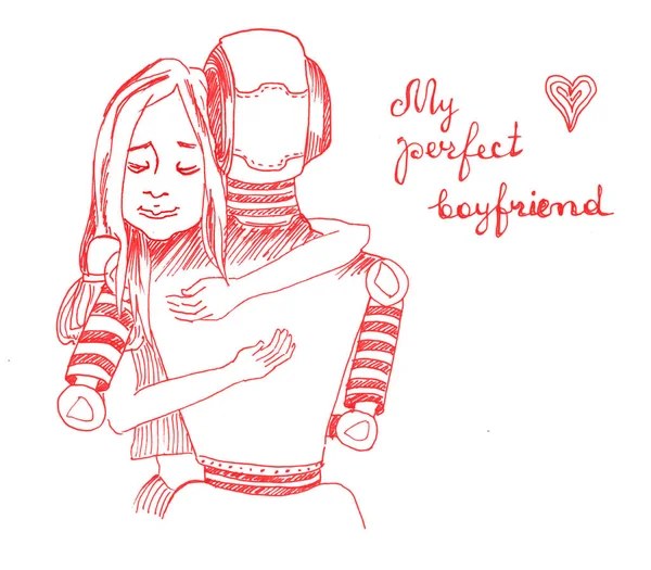 Une Relation Romantique Entre Une Fille Humaine Robot Dessinée Main — Photo