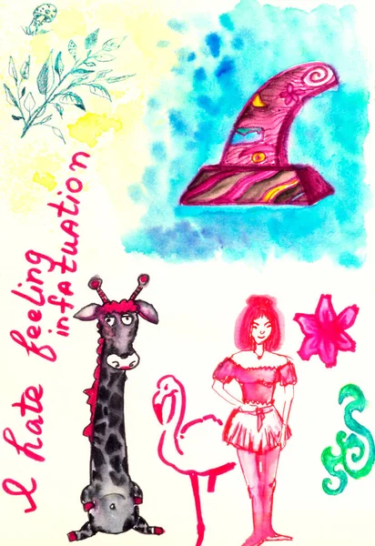 Roztomilý Kreslený Styl Čmáranice Skicáku Ručně Kreslená Žirafa Dívka Plameňák — Stock fotografie