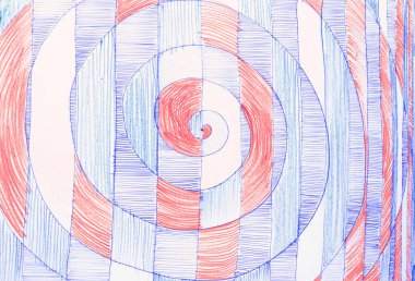 El çizimi spiral ve çizgili beyaz kağıt üzerinde kalem kuluçkaya yatar