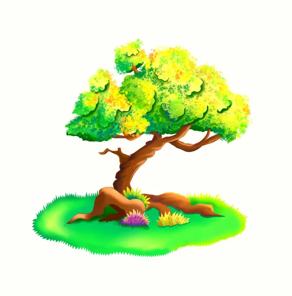 Ein Niedlicher Baum Cartoon Stil Sonnenlicht Grünes Gelbes Und Oranges — Stockfoto