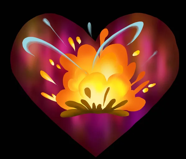 Explosion Bomb Heart Black Background Metaphor Strong Love Passion — Stock Photo, Image