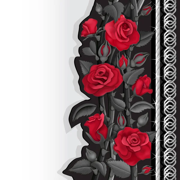 红玫瑰 黑玫瑰和银链的黑色卡片 — 图库矢量图片