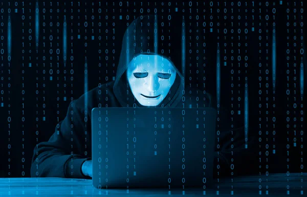 Hacker Conceito Malware Homem Hacker Com Capuz Perigoso Usando Laptop — Fotografia de Stock