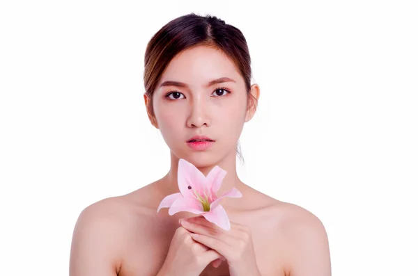 Portré Ázsiai Fiatal Gyönyörű Mosolyog Elszigetelt Fehér Háttér Természetes Smink — Stock Fotó
