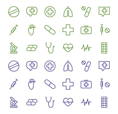 Basit bir ilaç seti, İlgili Vektör Hattı Simgeleri. Acı, şırınga, tablet ve daha fazlası gibi ikonlar içerir. Düzenlenebilir felç. 480x480 piksel mükemmel, beyaz arkaplan üzerinde