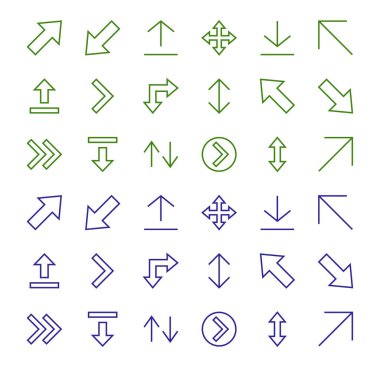 Satır okları, yönler, oklar, duraklama, devam, doğrudan sağa, düzenlenebilir vuruş gibi simgeler içerir. 480x480, Beyaz arkaplanda, Vektör illüstrasyonu