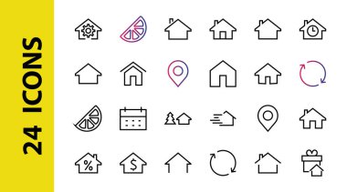 Basit çizgi vektör ev simgeleri kümesi. Evin sembollerini içeriyor, evi ve daha fazlasını. Düzenlenebilir felç. 480x480 piksel mükemmel