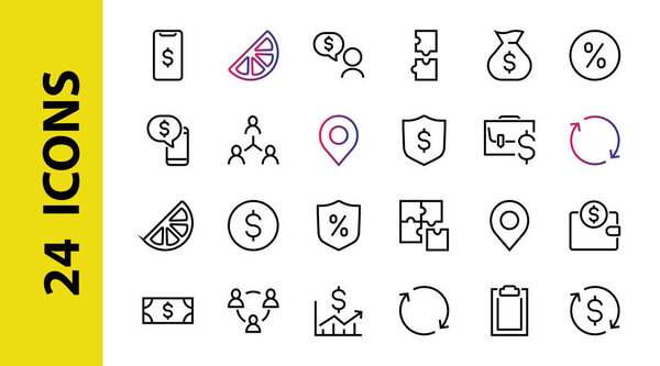 Set of business vector line icons. It contains user symbols, dollar pictograms, gears, briefcase, puzzles, envelope, percentage, messages, schedule, and more. Editable Bar 480x480 pixels.
