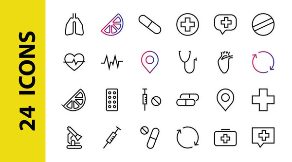 Simple Set of Medicine, Pills Related Vector Line Icons. Contains icons such as Pain, Syringe, tablet and more. Editable stroke. 480x480 pixels perfect, on a white background