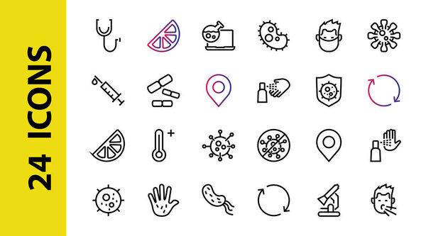 CORONAVIRUS set of icons on the theme of coronavirus, contains icons such as antiseptic, hand washing, mask, bacteria, sneezing, temperature Editable stroke, Vector illustration
