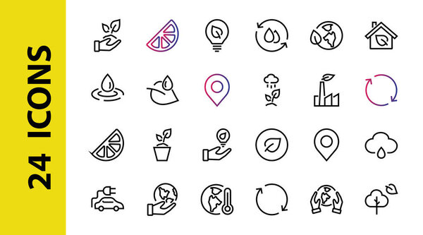 The set of ECOLOGY icons, vector lines, contains such icons as an electric car, global warming, forest, eco, watering plants, a plant and much more. Editable stroke, white background