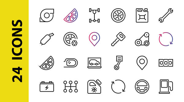 A simple set of car services related vector line icons. Contains icons such as oil, diagnostics, turbine, steering wheel, chassis, gearbox and much more. Editable move. 480x480 On a white background
