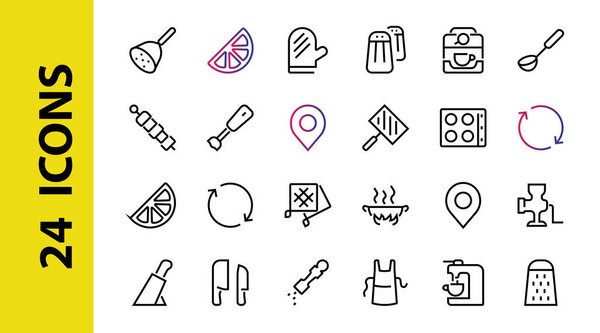 KITCHEN ICON Cooking process, Kitchen tools, Icon set, thin line vector has a blender, oven, knife, grater, barbecue, apron, barbecue, grill, coffee machine, kitchen glove, Editable stroke