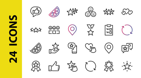 Simple Set Feedback, reviews thin line icons. Evaluation, review, STAR, LIKE and much more, Editable stroke. Vector illustration