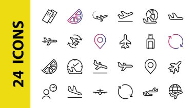  Basit bir havaalanı bağlantılı vektör çizgisi simgesi seti. Gidiş, kalkış, bekleme, biniş, bilet ve daha fazlası için bir yer bulmak gibi rozetler içeriyor. Düzenlenebilir felç. 48x48 piksel