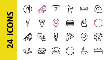   Vektör çizgisi ile ilgili basit bir fast food ikonu seti. Pizza, burger, suşi, bisiklet, çırpılmış yumurta ve daha fazlası gibi ikonlar içerir. Edilebilir felç. 480x480 piksel mükemmel, EPS 10