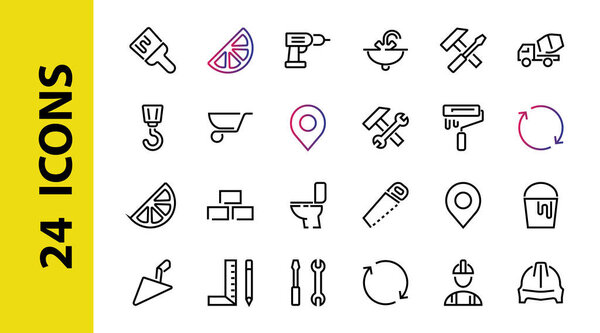 Set of construction icons, simple vector lines, contains the following icons: builder, roller, hammer with wrench, toilet bowl and much more. Editable stroke. 48x48 pixels perfect, white background