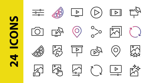 Set of Images Gallery vector line icons. Contains icons such as video, play video, edit images, Business Training, like photo. Editable stroke. Vector illustration