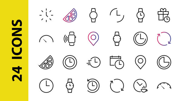 Simple set of time icon color editable template. Contains icons such as time check, speedometer calendar and other vector signs isolated on a white background for graphic and web design. 48x48 pixels