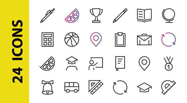 A simple set of school items. Contains icons such as student, award, geography, physical education, geometry and more. On white background. Editable stroke. 480x480