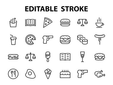   Vektör çizgisi ile ilgili basit bir fast food ikonu seti. Pizza, burger, suşi, bisiklet, çırpılmış yumurta ve daha fazlası gibi ikonlar içerir. Edilebilir felç. 480x480 piksel mükemmel, EPS 10