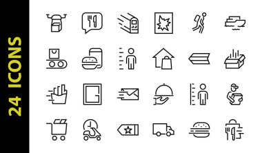 PIZA DELIVERY, ve Food Icon Set Vector ince hattı, kurye, ev teslimatı, yemek siparişi, hızlı ulaşım, İHA, gemi, araba, düzenlenebilir felç içerir. ICONS devreleri.
