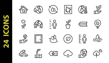 ECOLOGY simgeleri kümesi, vektör çizgileri, bir elektrikli araba, küresel ısınma, orman, eko, sulama bitkileri, bir bitki ve daha fazlası gibi ikonlar içerir. Düzenlenebilir vuruş, beyaz arkaplan.