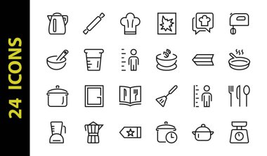 Mutfak ve yemek pişirme ikonları, vektör çizgileri, bıçak, tencere, kaynama zamanı, mikser, tartı, yemek tarifi kitabı gibi ikonlar içerir. Düzenlenebilir vuruş, mükemmel 480x480 piksel, beyaz arkaplan.